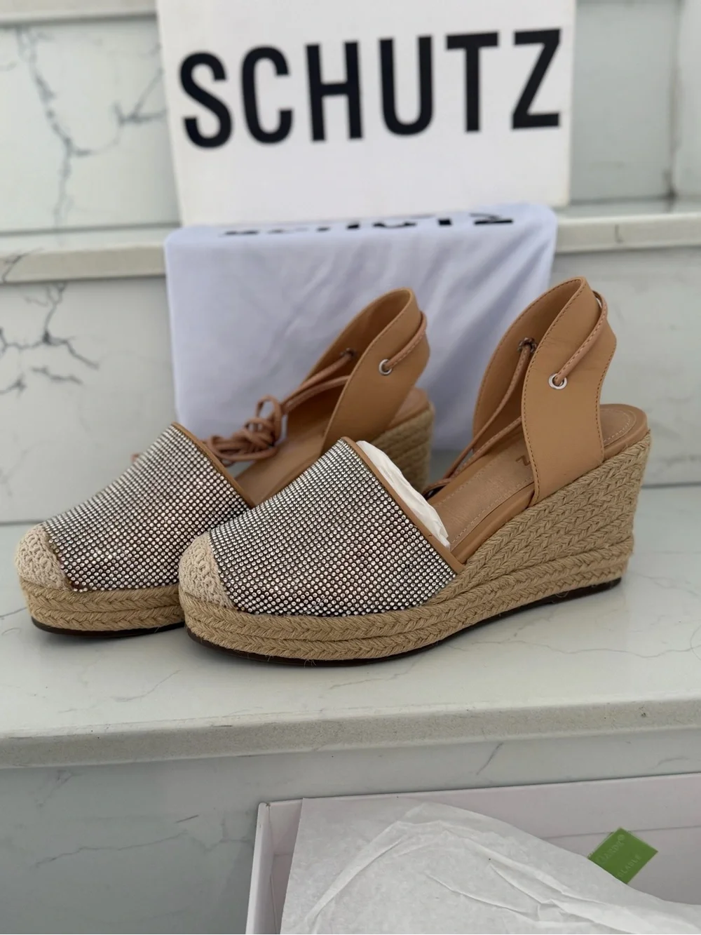 SCHUTZ Tan Espadrille Lace-Up Flats with Silver Rhinestone Toe